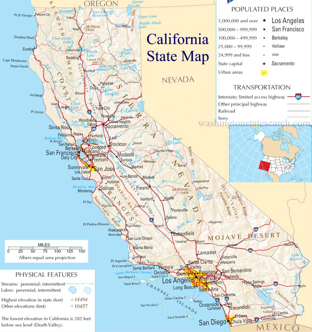 A large detailed map of California State USA.