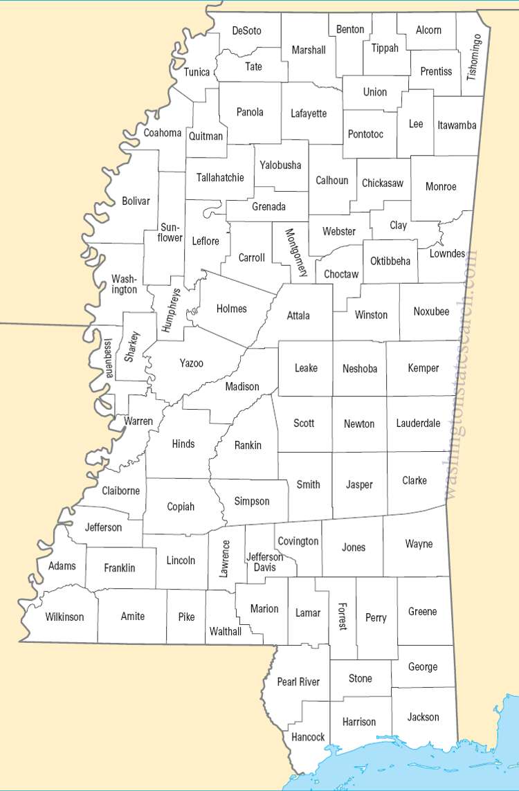 A large detailed Mississippi State County Map