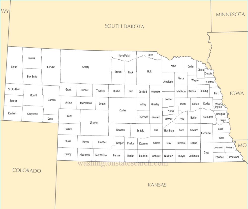 A large detailed Nebraska State County Map