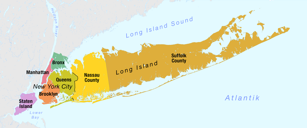 Five Boroughs of New York City - Manhattan, Brooklyn, Queens, The Bronx and Staten Island and Long Island.