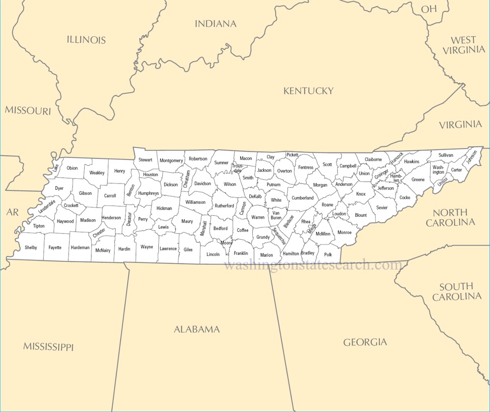 A large detailed Tennessee State County Map