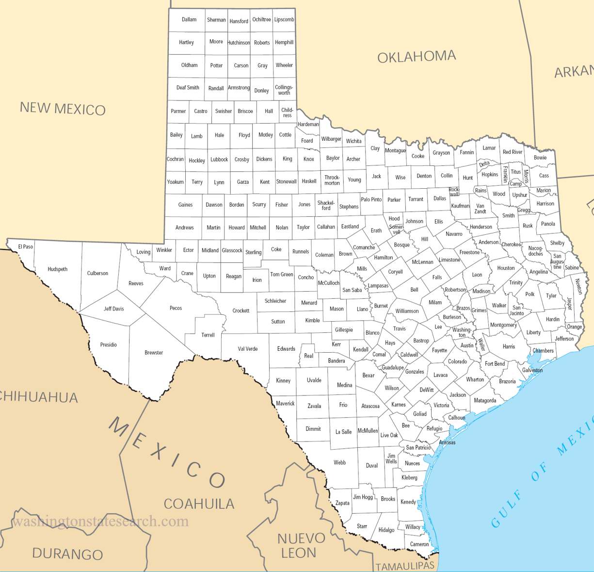 A large detailed Texas State County Map