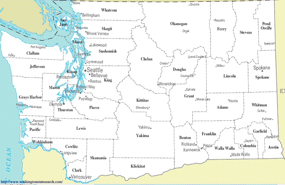 A large detailed Washington State County Map including large cities