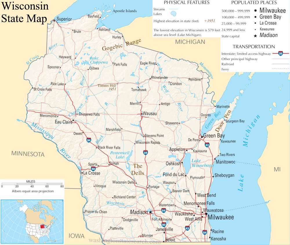 A large detailed map of Wisconsin State.