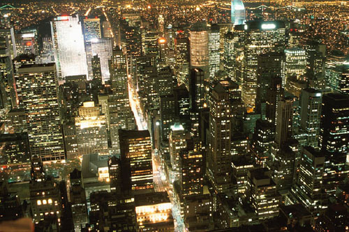 New York City central business district (CBD) at night.