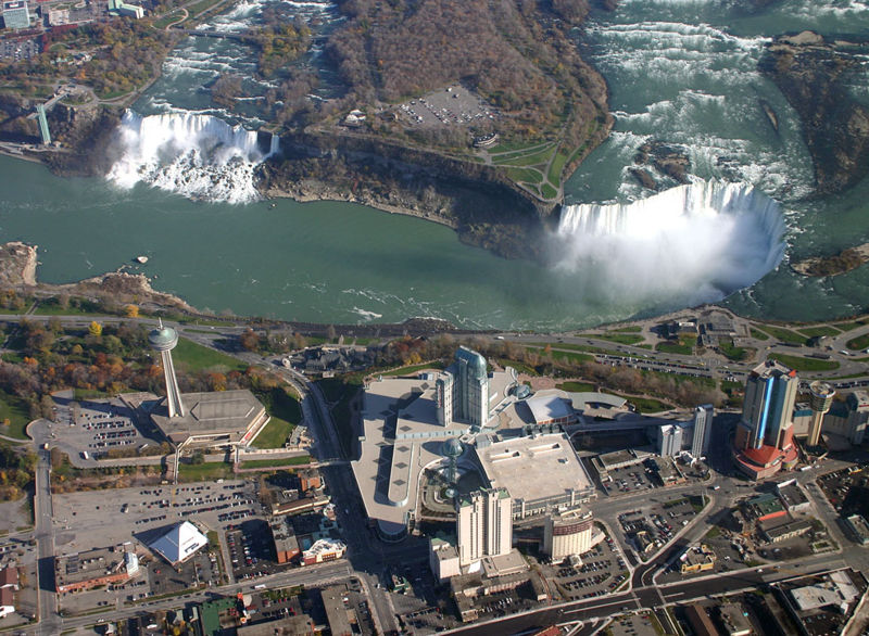 Aerial view of Niagara Falls, American Falls and Horseshoe Falls