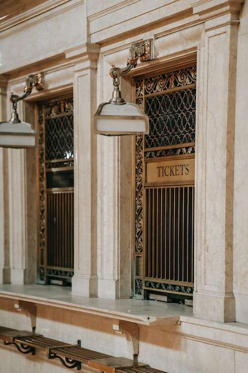 This photograph shows ticket windows in the main concourse of Grand Central Terminal, New York City ny nyc