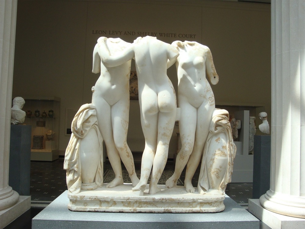Photograph of the Three Graces sculpture of the mythological three Charites, daughters of Zeus, Euphrosyne, Aglaea and Thalia.