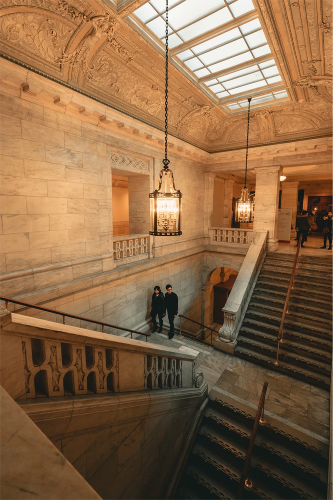 Stair crossways in the New York Public Library main branch along Fifth Avenue between 40th and 42nd Streets.
