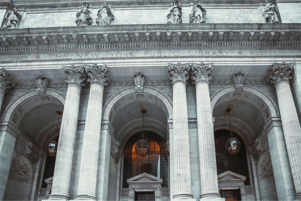 The New York Public Library main branch facade (close up in detail) along Fifth Avenue between 40th and 42nd Streets.