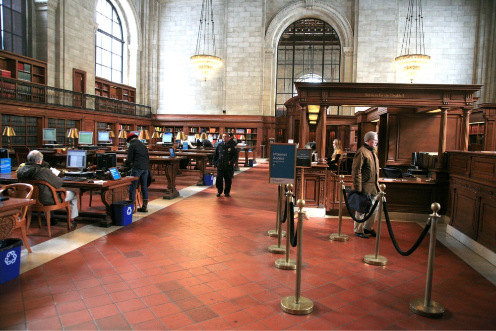 Photograph of the Bill Blass Public Catalog Room in the New York Public Library main branch. The Catalog Room was renamed in 1994 for fashion designer Bill Blass, who gave $10 million to the NYPL.