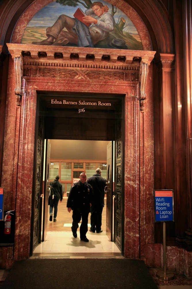 This photograph shows the entrance to the Edna Barnes Salomon Room from the McGraw Rotunda at the New York Public Library main branch.