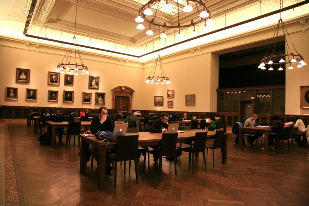 This photograph shows the interior of the Edna Barnes Salomon Room at the New York Public Library main branch.
