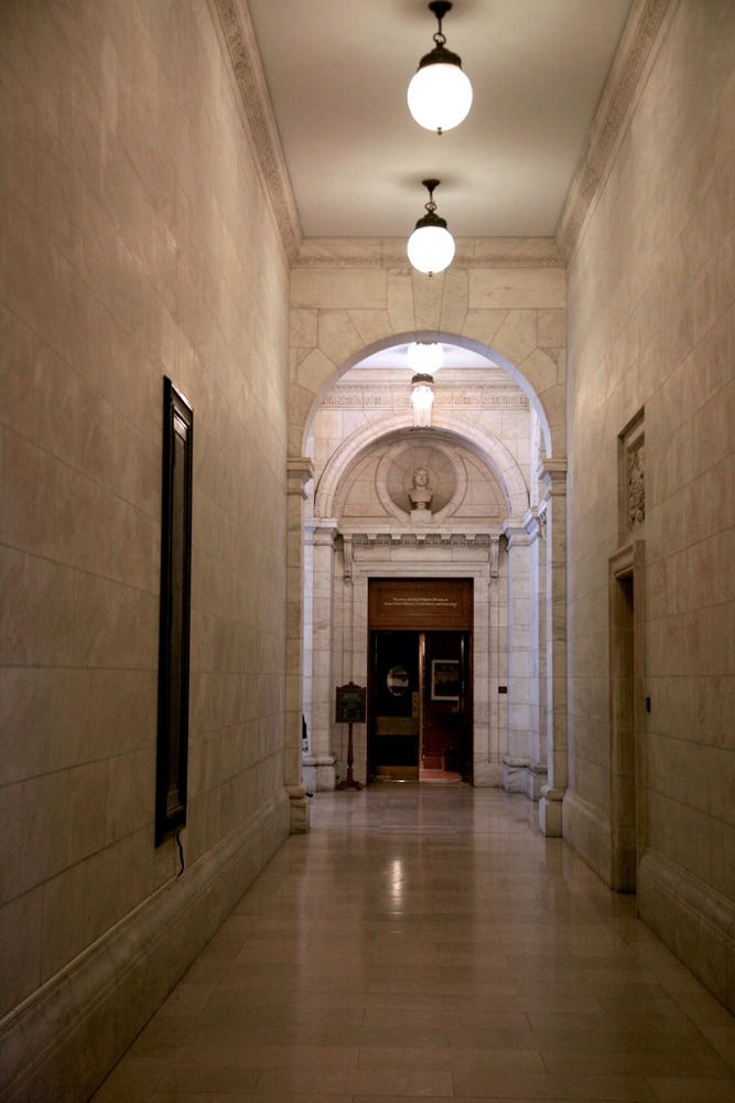 Photograph of a hallway in the New York Public Library main branch.
