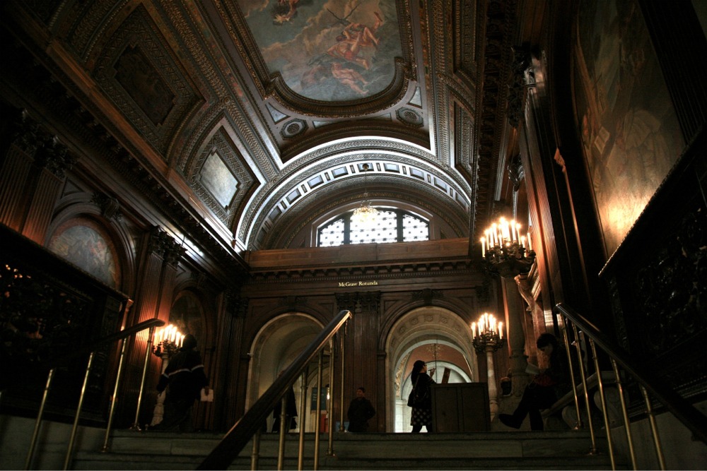 The McGraw Rotunda in the New York Public Library. This photograph was taken on a staircase leading up to the McGraw Rotunda. The mural on the ceiling depicts Prometheus.