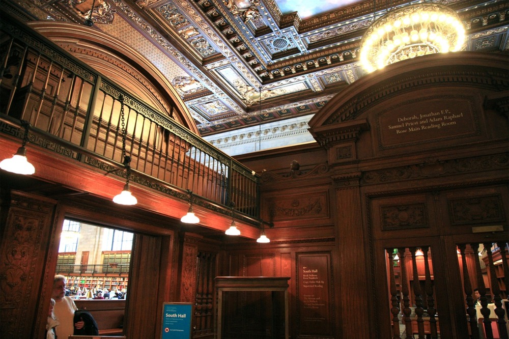 I believe this image is of the foyer or entrance to the Rose Main Reading Room. Most photos of the Rose Main Reading Room show the South Hall — the actual reading room.