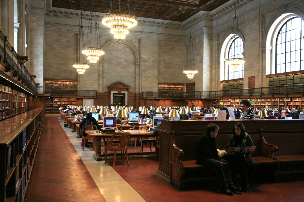 The Rose Main Reading Room South Hall in the New York Public Library Main Branch in all of its resplendent glory, attractive and impressive through being richly colourful or sumptuous.