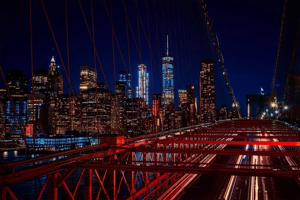 The Brooklyn Bridge Deck at night, New York.