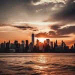 Lower Manhattan Skyline at Sunset.