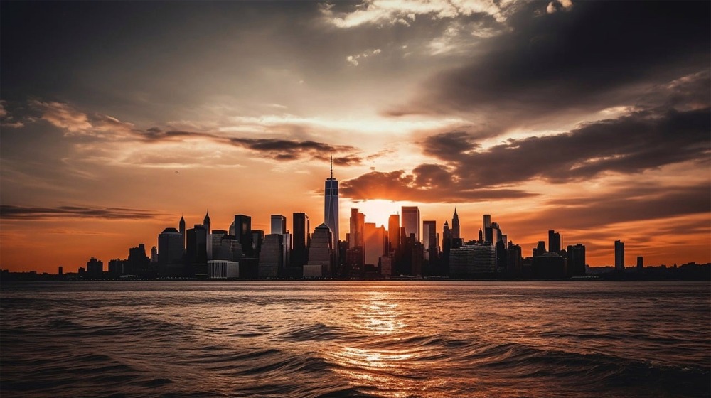 Lower Manhattan Skyline at Sunset.